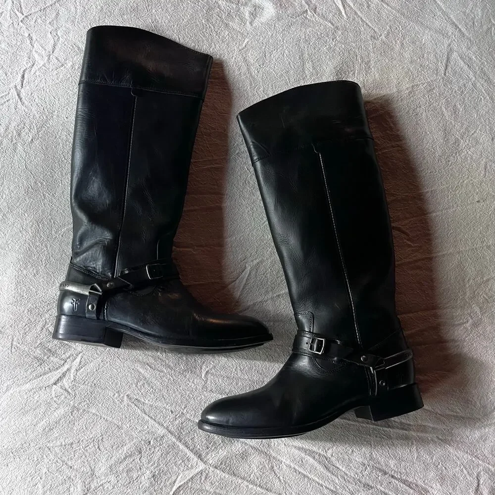 Frye Lindsay Spur Black Leather Tall Riding Boots NIB Size 9
